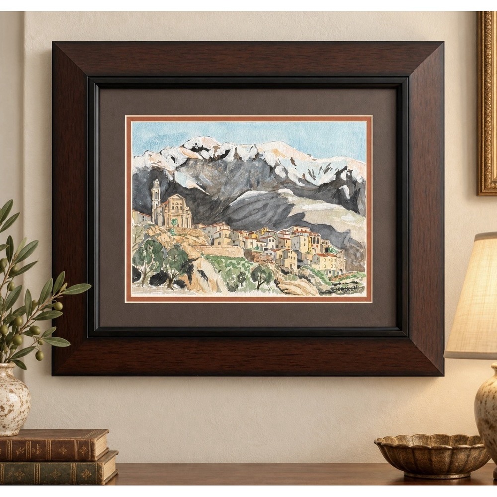 Signed Original Watercolor European Mountain Village Framed Double Matted 18x15